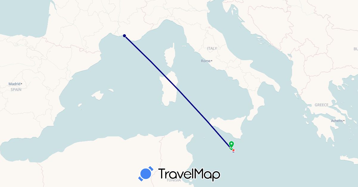 TravelMap itinerary: driving, bus, hiking, boat in France, Malta (Europe)